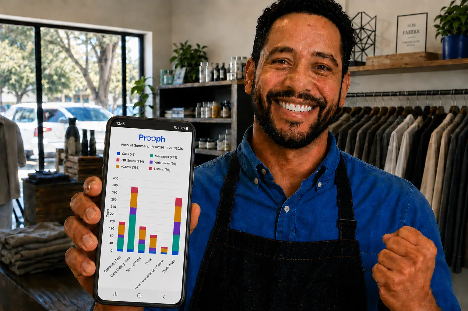 Business owner seeing Prooph campaign results on phone